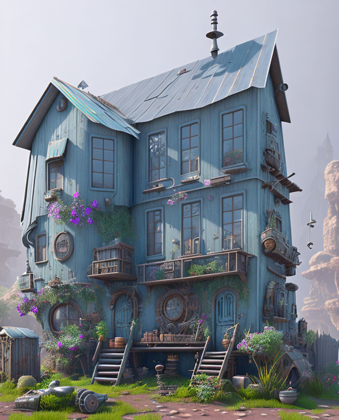 Blue two-story house with purple flowers, clocks, and weather vane