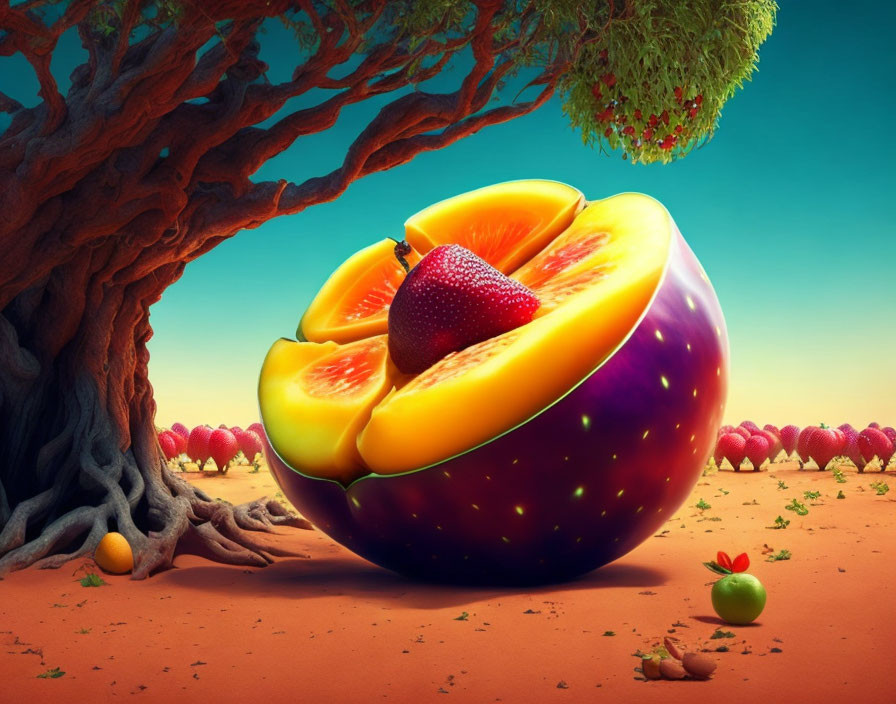 Colorful fruit-filled landscape under a sprawling tree