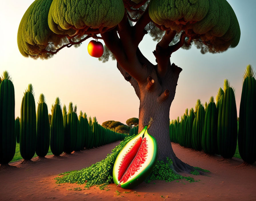 Surreal landscape with oversized fruit tree and cactus-like plants