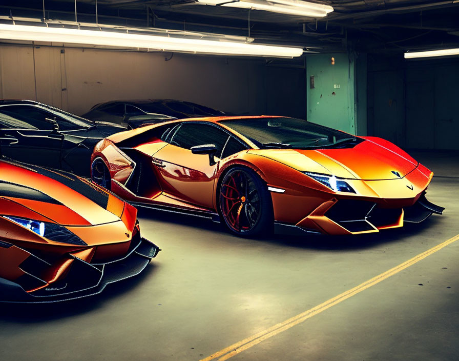 Sleek and vibrant luxury sports cars in well-lit garage