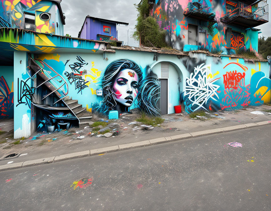 Colorful street art mural featuring woman's portrait and graffiti styles on urban walls