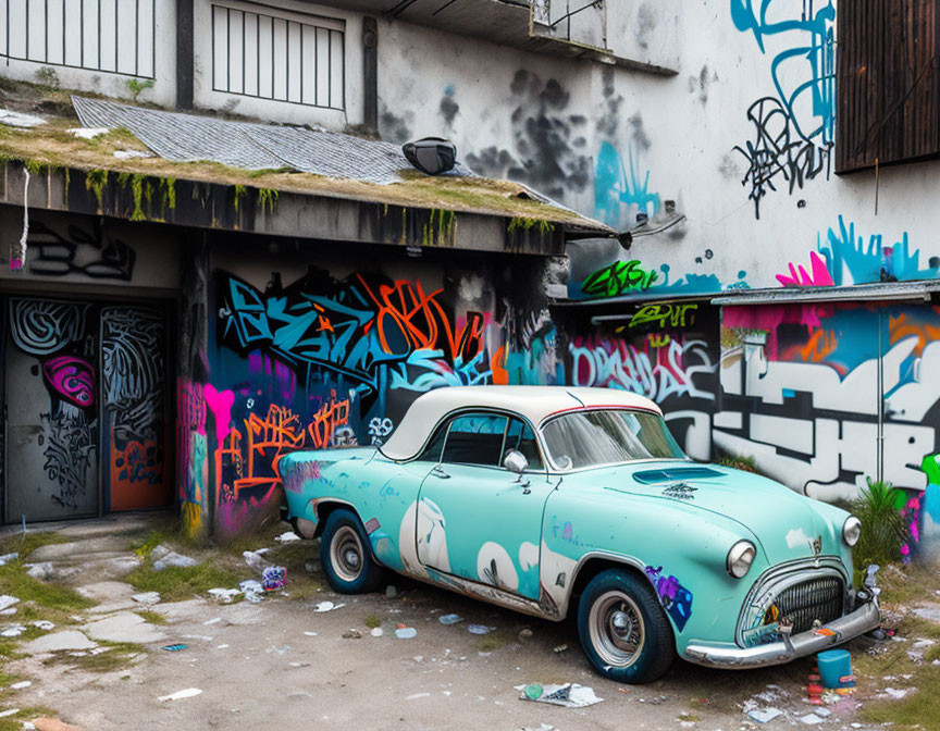 Vintage Car Parked in Front of Graffiti-Covered Building