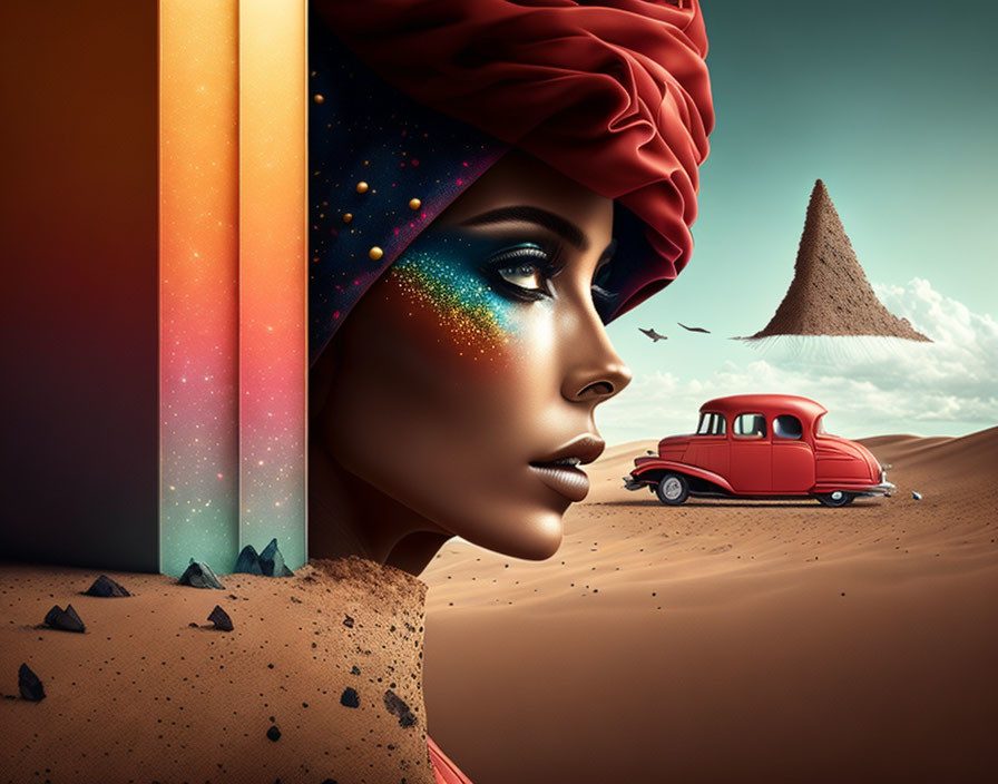 Surreal portrait: Woman's face with galaxy makeup, desert landscape, vintage car, pyramid,