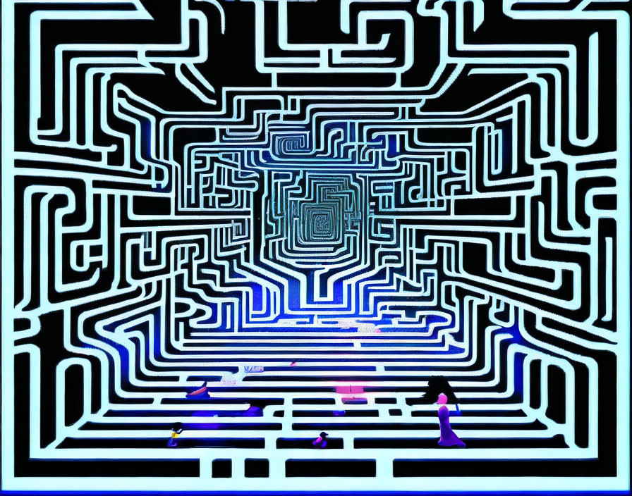 Neon-lit maze with figures navigating intricate labyrinth