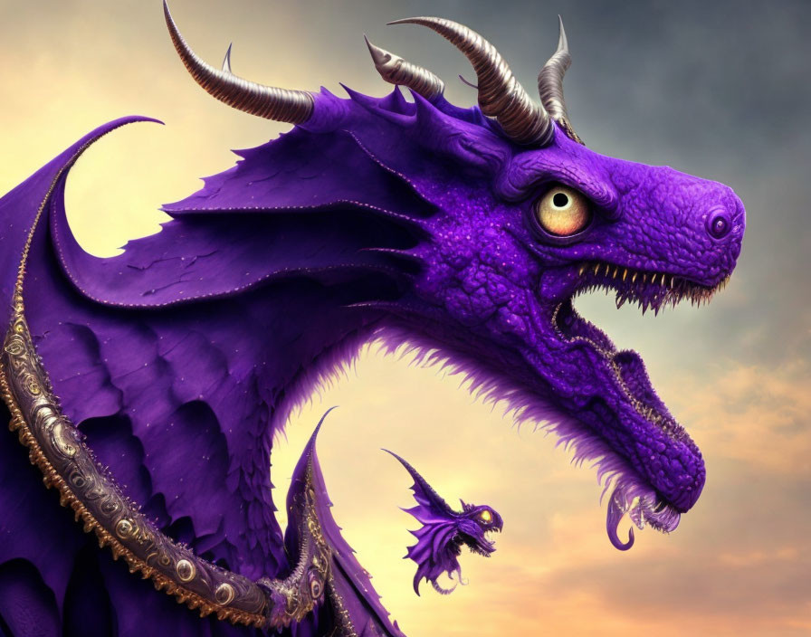 Detailed digital artwork: Two purple dragons in dramatic sky