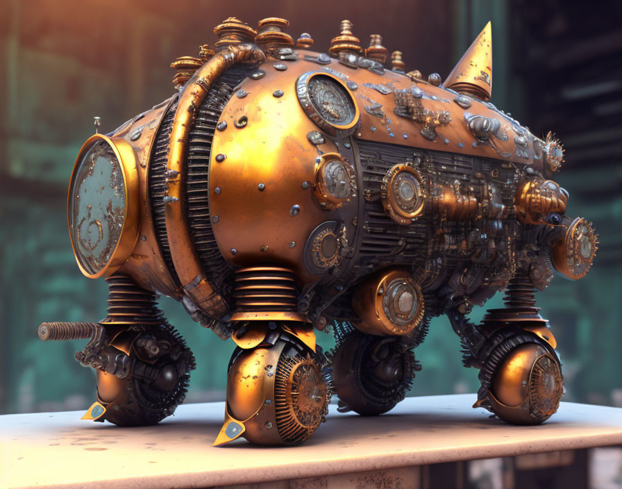 Intricate steampunk-style mechanical submarine with rustic metallic finish