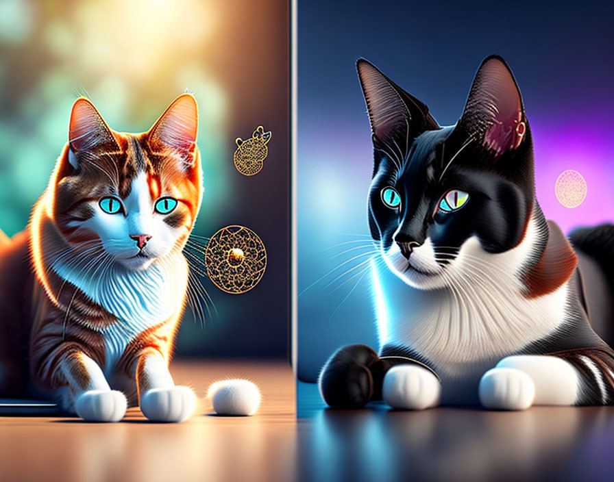 Vibrant digital cat illustrations with futuristic accessories on abstract background