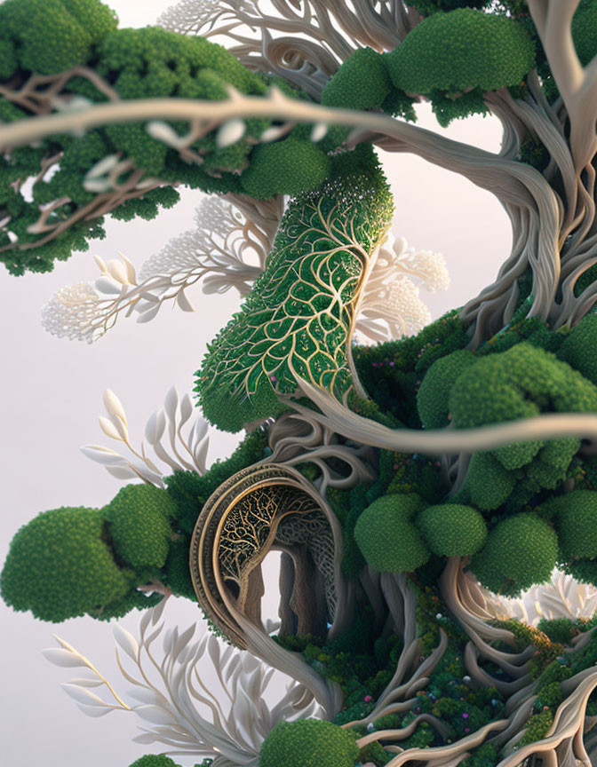 Whimsical tree with intricate branches and round doorway in trunk