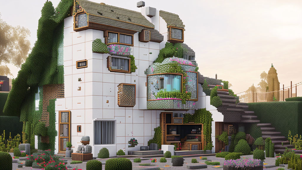 Whimsical 3D-rendered house with unique architecture and lush plant cover