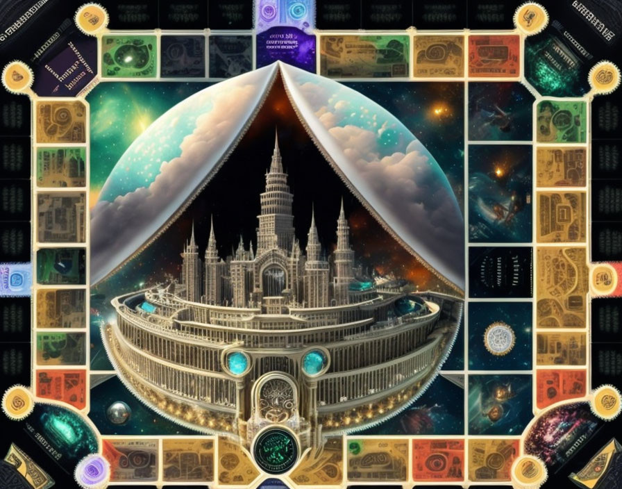 Fantasy cityscape in eye portal with mystic symbols