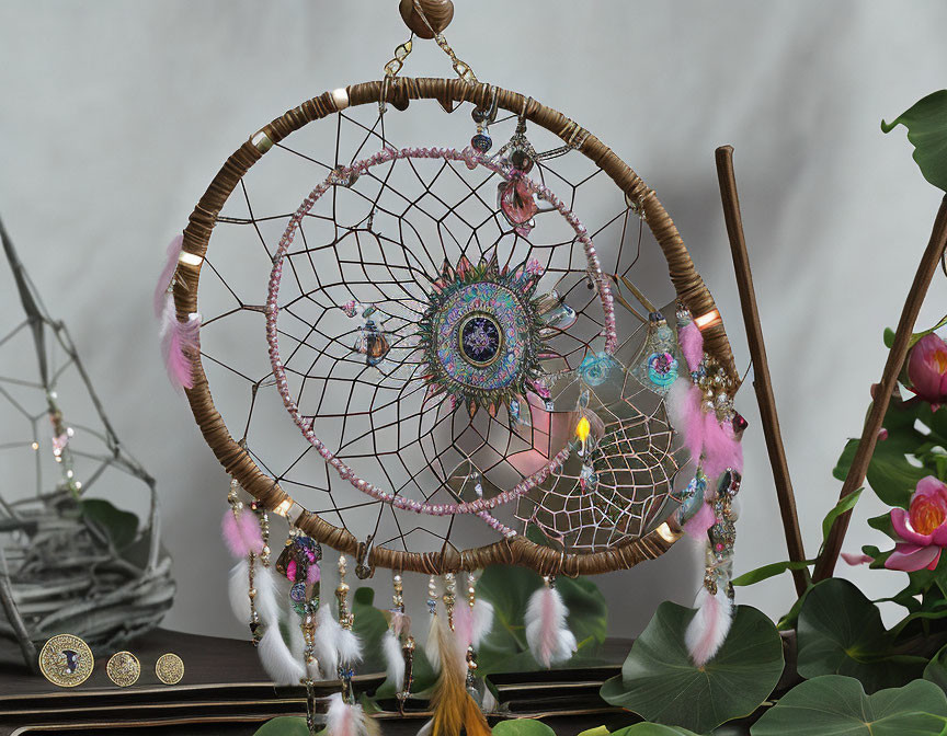 Bohemian-style dreamcatcher with feathers, beads, and crystals, set against plants and a