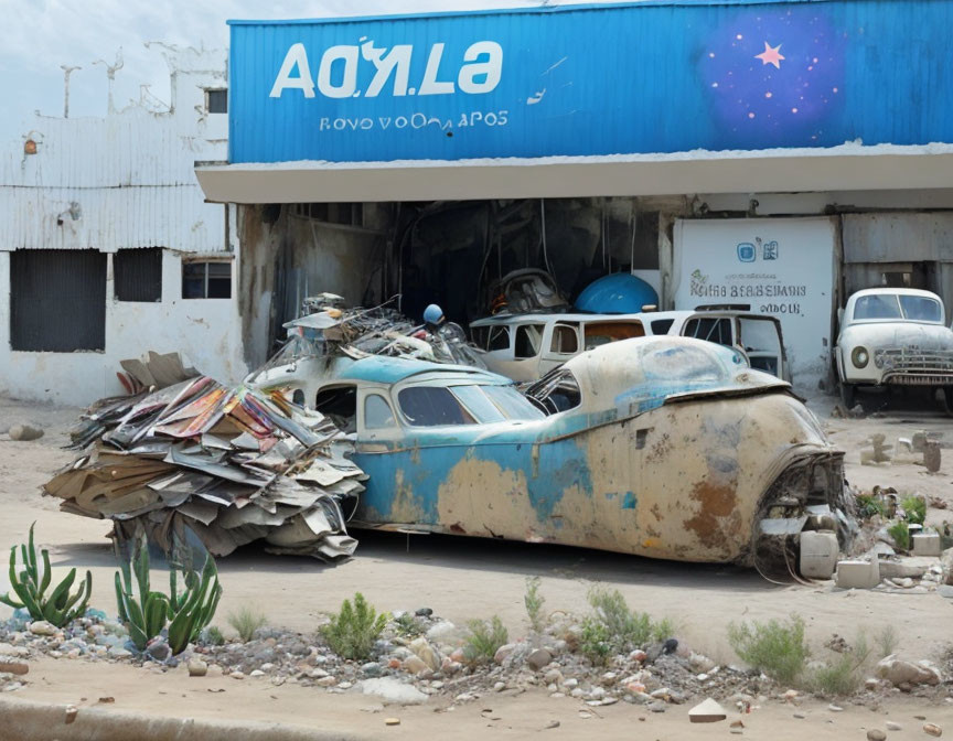 Decrepit Vintage Car with Discarded Materials Outside Run-Down Building