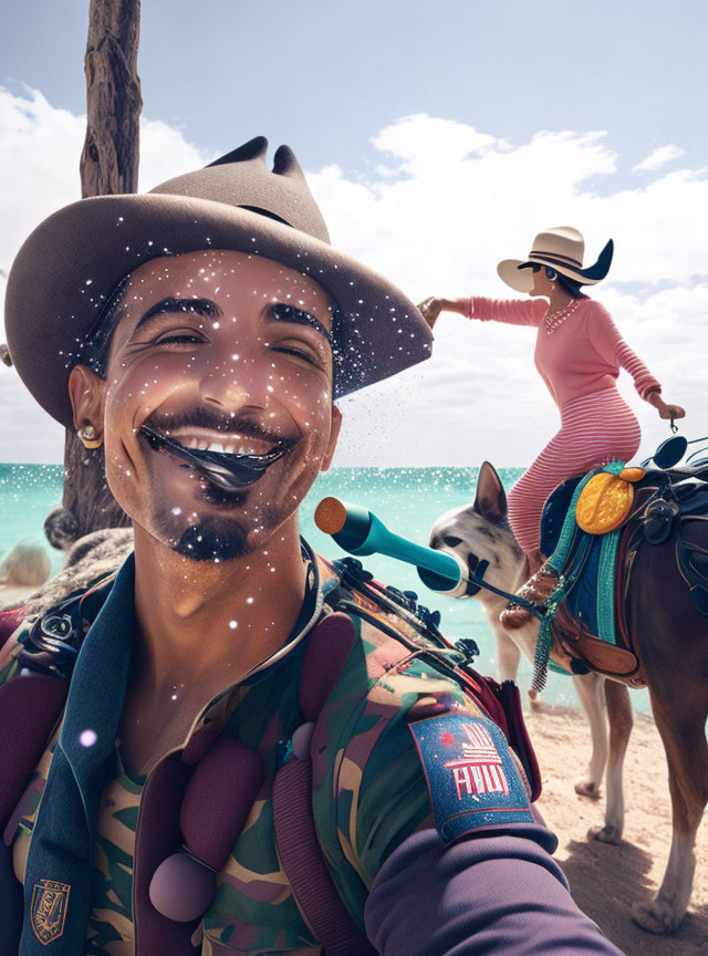 Man with glittery beard smiles in scout-like uniform as woman on donkey holds hairdryer on