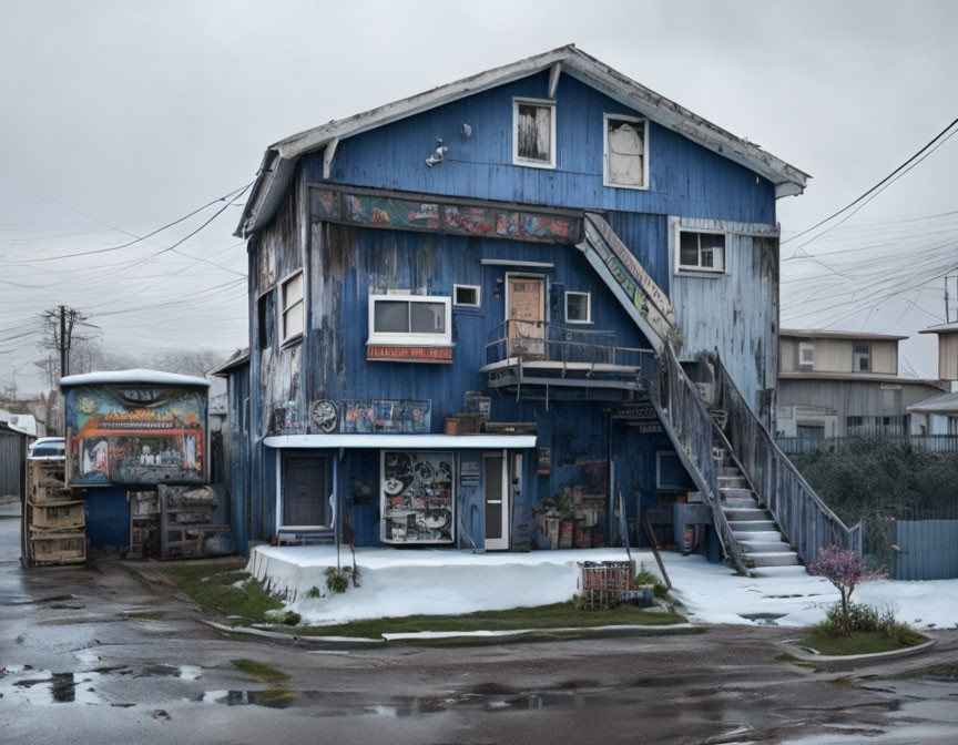 Weathered two-story blue building with eclectic decor and external staircase in snowy landscape under overcast skies