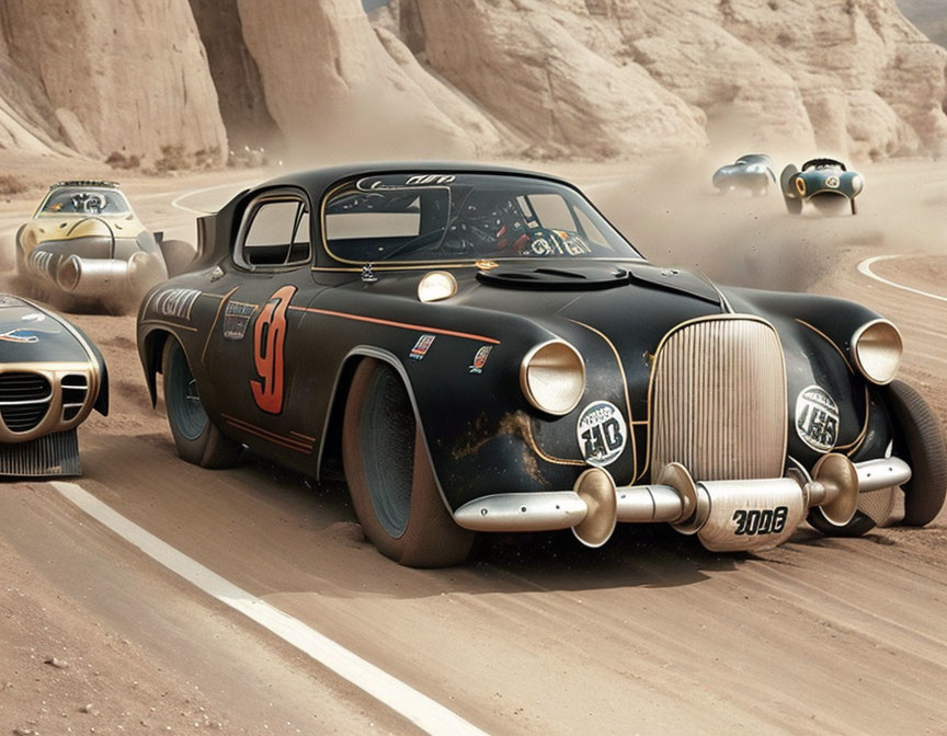 Vintage black racing car with number "61" races against futuristic vehicles in desert dust storm