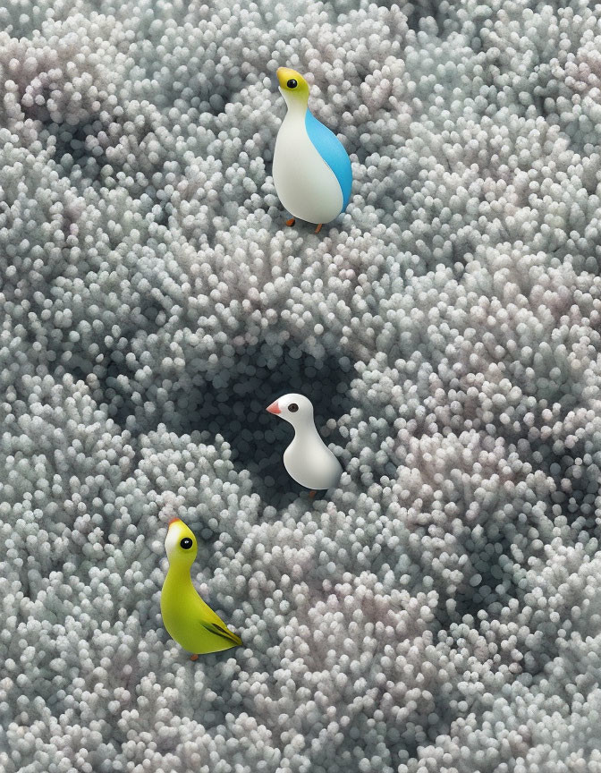 Colorful Cartoonish Birds on Textured Sphere Background