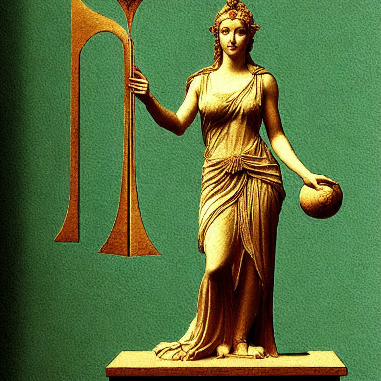 Classical statue of goddess with lyre and sphere on green background