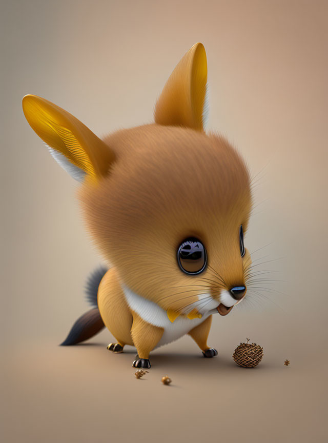 Cute Cartoonish Fox with Oversized Features and Pinecone