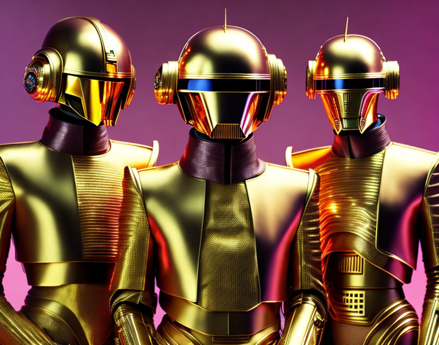 Futuristic humanoid robots in shiny metallic finishes on purple backdrop