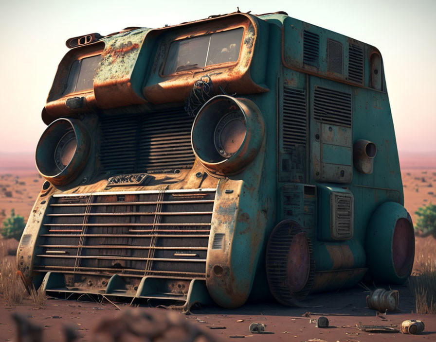 Rusted abandoned bus with cartoonish face in desert landscape