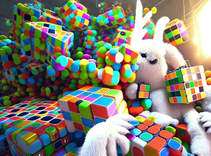 Colorful scene of fluffy creature solving Rubik's cubes among colorful spheres.