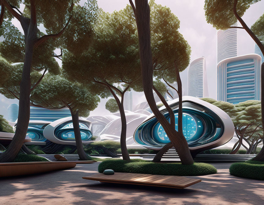 Futuristic park with green trees, curved structures, skyscrapers