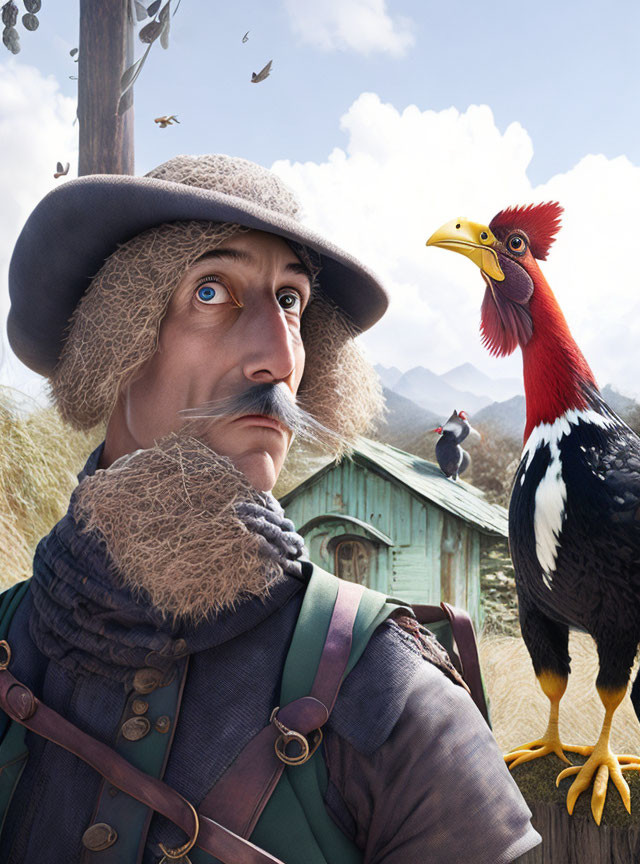 Man with mustache and rooster head in vintage clothing in pastoral scene.