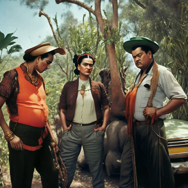 Vintage attire trio in jungle with car & pig