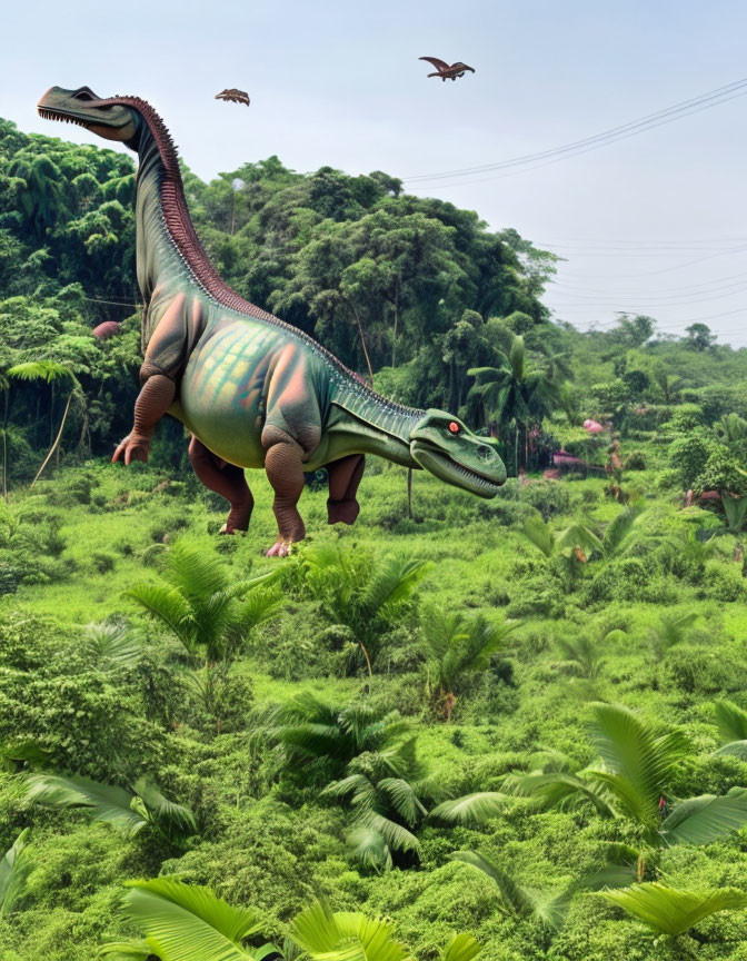 Colorful Dinosaur Among Lush Green Foliage and Flying Dinosaurs