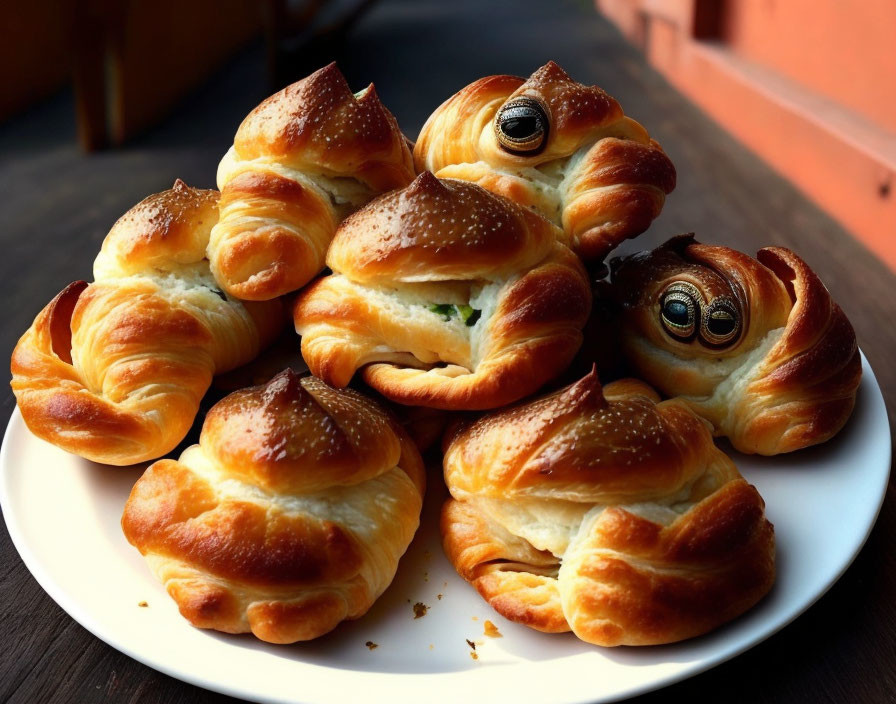 Golden-brown pastries with comical edible eyes on white plate