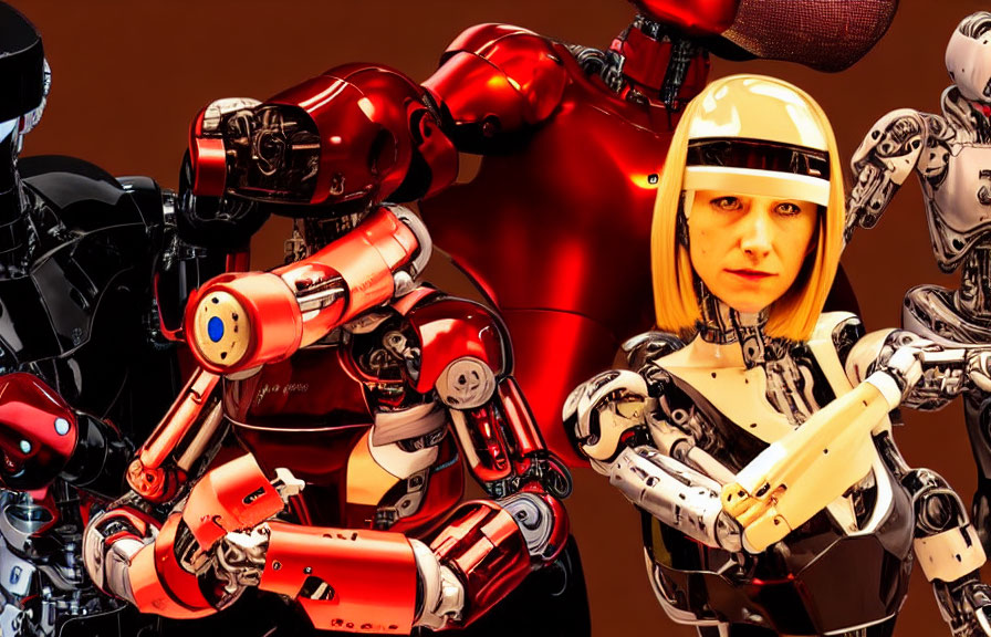 Futuristic woman with robots in red and silver on warm background