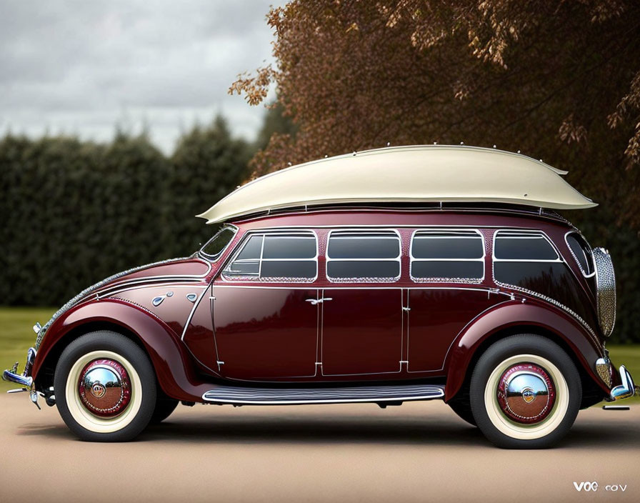 Classic Maroon Station Wagon with White Roof and Chrome Details