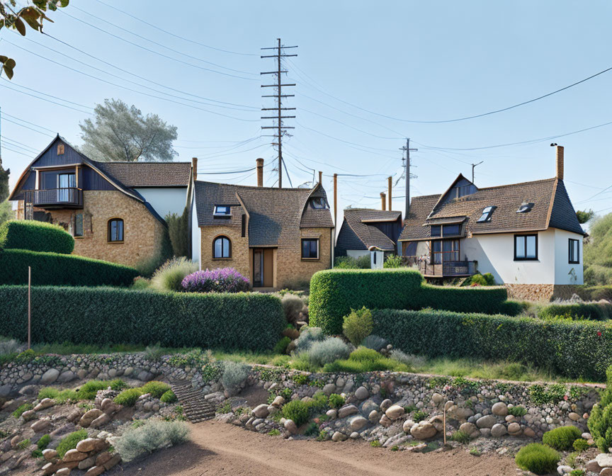 Suburban houses with brown roofs, manicured hedge, landscaped garden, and electrical towers.