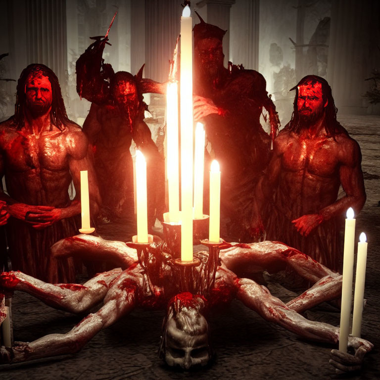 Macabre humanoid figures in blood, dismembered setting with candles and fog