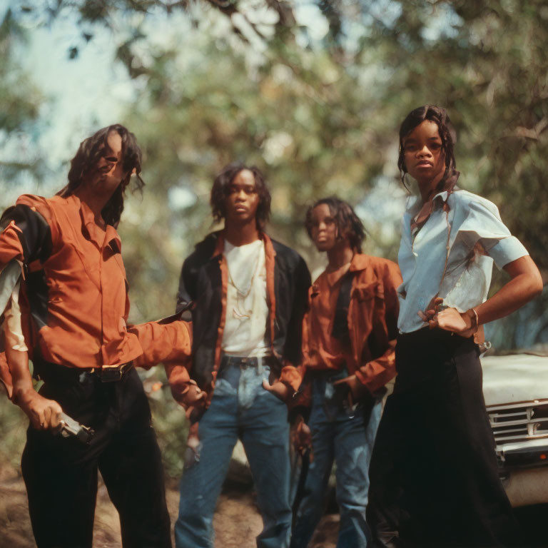 Four individuals in retro attire standing confidently outdoors with revolvers.