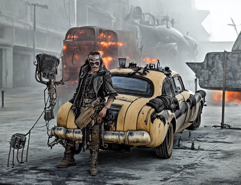 Person in gas mask on modified yellow car in post-apocalyptic scene.