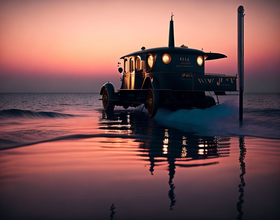 Amphibious Car Gliding on Water at Sunset