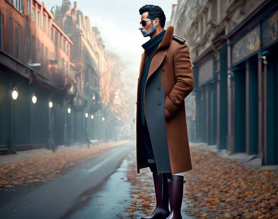 Stylish man in coat and sunglasses walking on lamp-lit vintage street