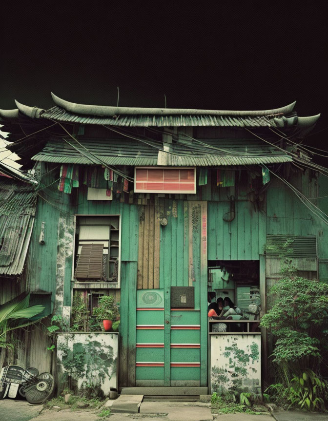 Traditional Asian Wooden House with Tiled Roof and Colorful Hanging Fabrics