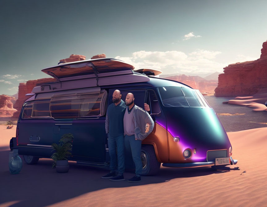 Men by futuristic van in desert with red rock formations.