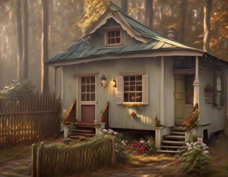 Forest Cottage with Red Door and Sunlit Clearing