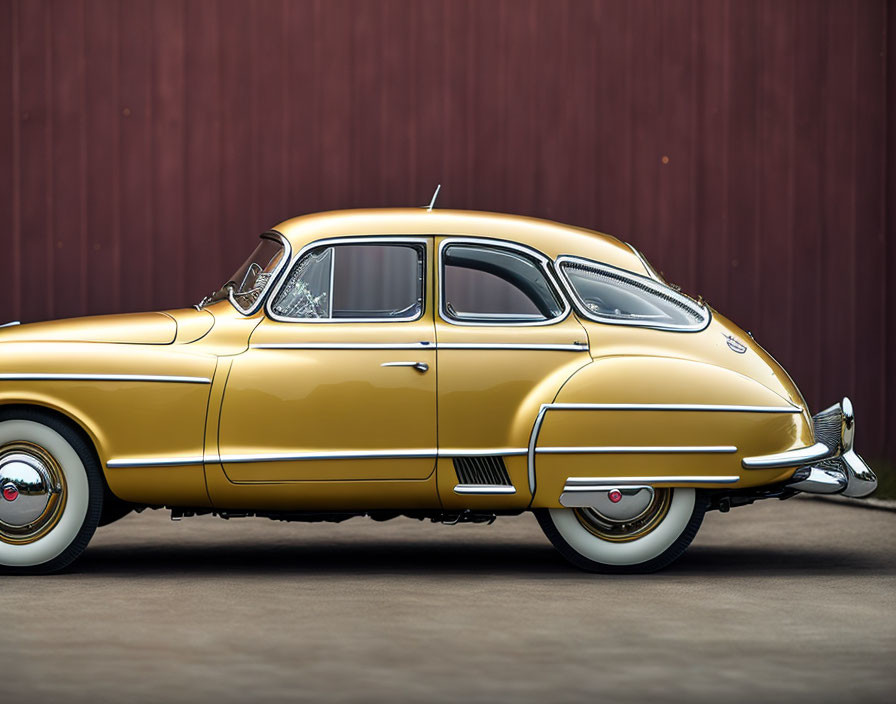 Vintage Yellow Car with White-Wall Tires and Chrome Details