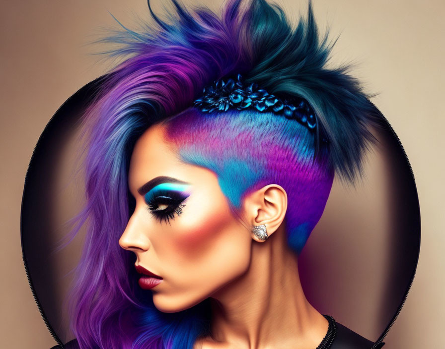 Multicolored Mohawk Hairstyle with Bold Makeup and Black Outfit