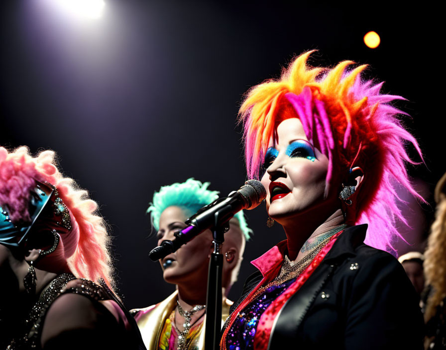 Vibrant punk-inspired performers with bold makeup on dimly lit stage