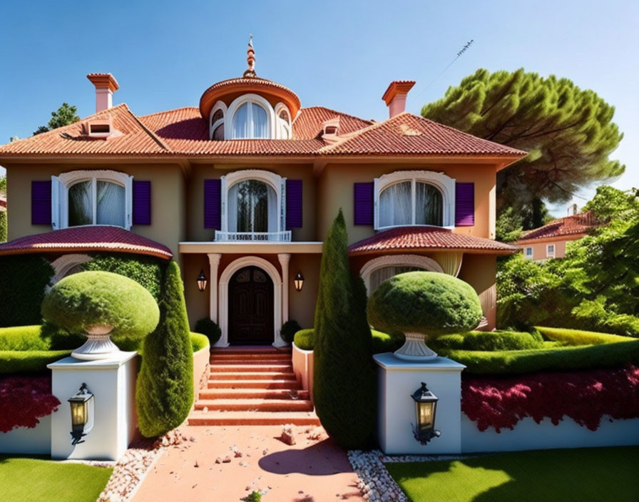 Luxurious Two-Story House with Reddish-Brown Roof and Purple Shutters