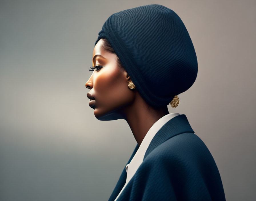 Portrait of woman with elegant makeup in blue turban, gold earrings, navy jacket on gray background