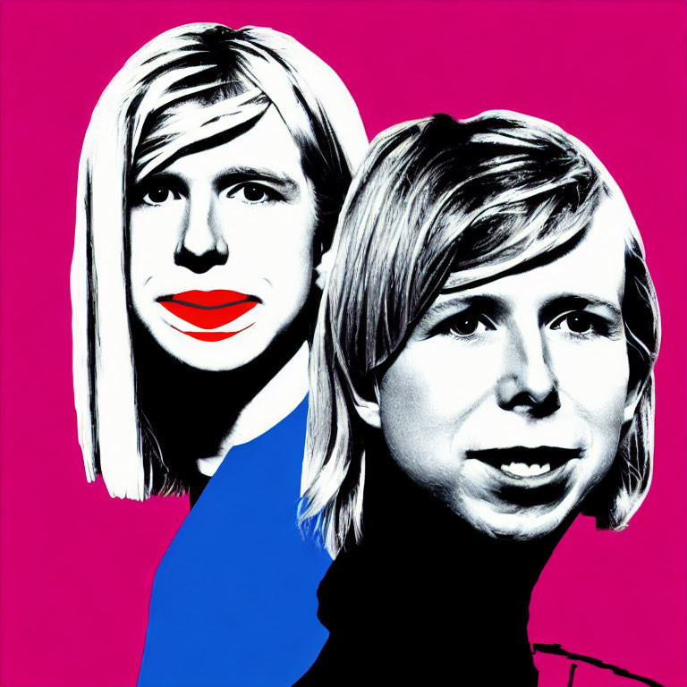 Contrasting profile faces in pop art style on pink background