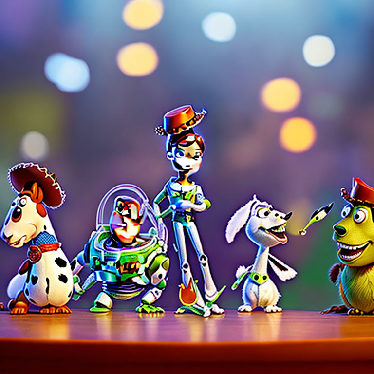 Toy Story Animated Toy Characters with Colorful Bokeh Lights