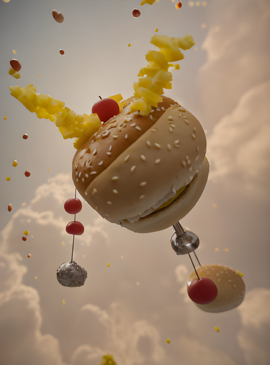 Floating burger with fries and condiments in surreal image