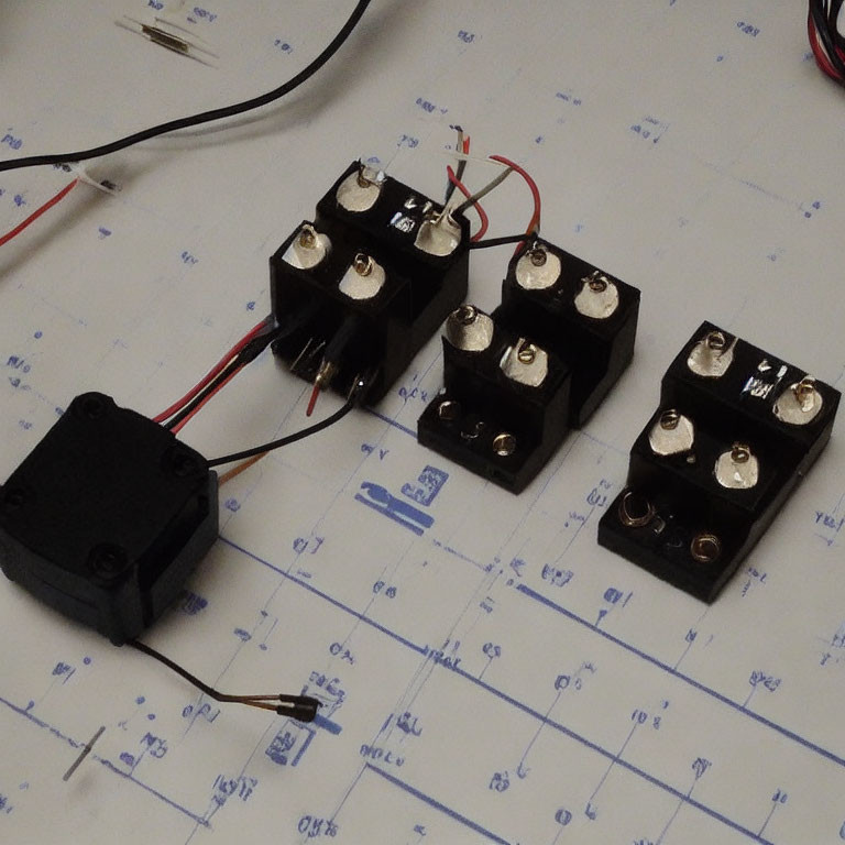 Four black electrical relays with red and black wires on schematic diagram